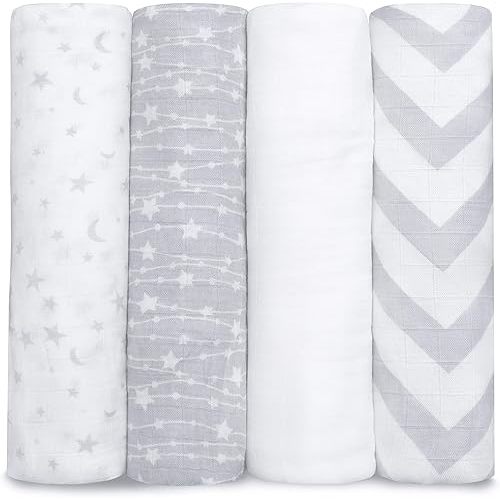 Comfy Cubs Muslin Swaddle Blankets (Pack of 4) - 47” x 47”, Soft Cotton Baby Blanket Set, Large Swaddling Wraps for Newborns - Self-Soothing Baby Swaddle - (Grey)