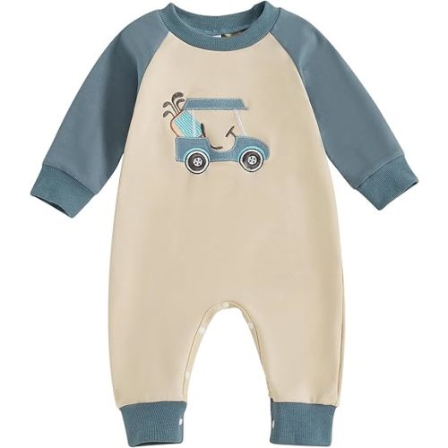 Infant Baby Boy Golf Outfit Crew Neck Embroidery Golf Cart Romper Jumpsuit Patchwork Long Sleeve One Piece Playsuit