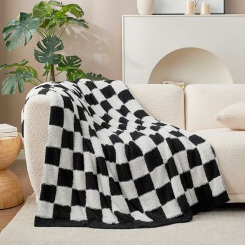 Snuggle Sac Faux Fur Checkered Throw Blanket, Fluffy Feather Yarn Blend Bedding Blankets for Couch or Bed, 50*60", Black White