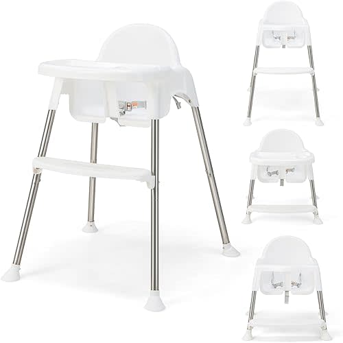 HONEY JOY Baby High Chair, 4 in 1 Convertible Highchair for Babies and Toddlers, Adjustable Legs, Double Removable Tray & Footrest, 3-Point Safety Harness for Infants Boys Girls (White)