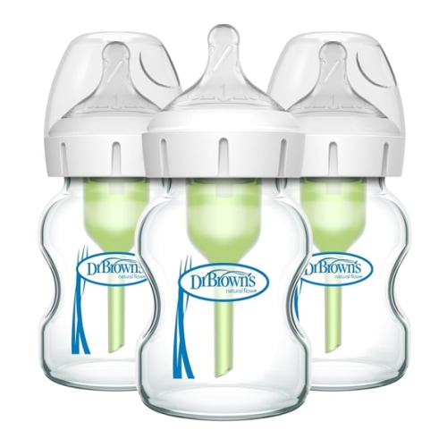 Dr. Brown's Natural Flow Anti-Colic Options+ Wide-Neck Glass Baby Bottles 5 oz/150 mL, with Level 1 Slow Flow Nipple, 3 Pack, 0m+