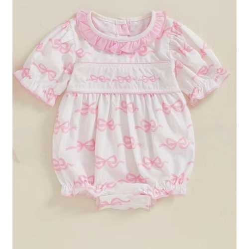 Girls White with Pink Bows Romper Smocked Insert with Pink Bows Really nice with button back and snap crotch Sz3-6mo, 6-9mo,9-12 mo,12-18 mo