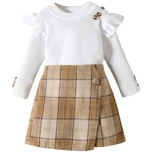 Fernvia Toddler Girl Fall Winter Clothes Ruffles Long Sleeve Shirt and Plaid Shorts Skirt Kids Little Girl 2Pcs Outfits Set