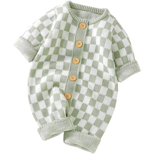 Unisex Baby Girl Boy Knitted Romper Jumpsuit Checkerboard Plaid One Piece Button Down Sweater Playsuit Clothes