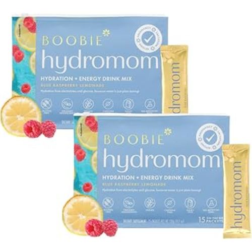 Boobie Hydromom Superfood Electrolyte Drink Mix, Blue Raspberry Lemonade | Refreshing Energy & Hydration Boost for Mamas | On-The-Go & Travel Essentials for Pregnancy, Lactation, & Beyond - 2 Pack