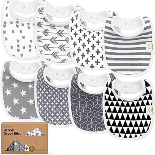 8-Pack Organic Baby Bibs for Boys, Girls - Soft Cotton Drooling and Teething Bibs for Baby Girl & Boy, Extra Absorbent, Easy To Clean & Put On for Toddler, Newborn, Infant 0-24 Months (Grayscale)