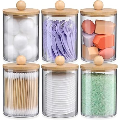 6-Pack Bamboo Qtip Holders - Bathroom Storage for Cotton Balls, Swabs, Pads, Floss