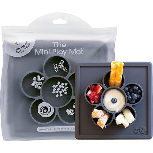 ezpz Mini Play Mat for Baby + Toddler - 6 months+ (Slate) - Suction Plate with Flower Compartments for Crafts, Painting, Sorting, Snack Time - Promotes Pincer Grip