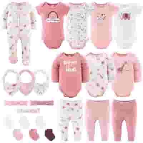 The Peanutshell Layette Gift Set for Baby Girls, 23 Essential Pieces, Pink Rainbow Safari Animals, 3-6 Months