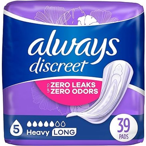 Always Discreet, Incontinence Pads for Women, Maximum, Long Length (Packaging May vary), Purple, 39 Count