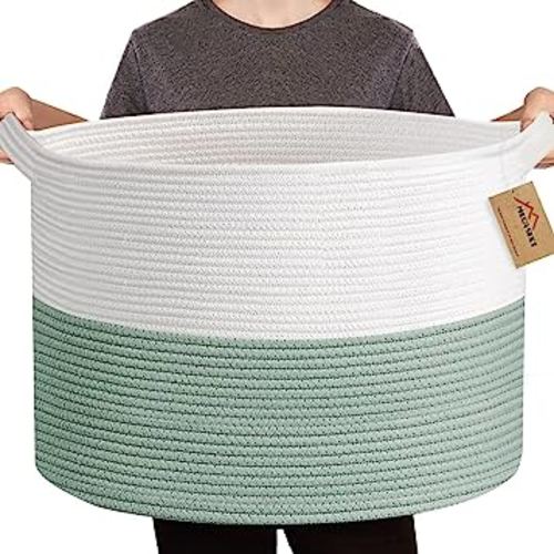 MEGASKET Extra Large Green Storage Baskets, 22" X 22" X 14" Kids Toy Baskets Storage, XXXL Dog Toy Bin Basket, Nursery Baby Toy Organizer Box, Soft Cotton Rope Woven Basket, Blanket Basket Living Room