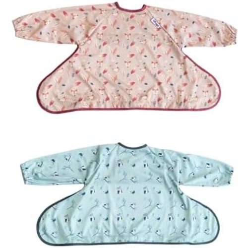Tidy Tot - 2 Pack Cover & Catch Baby Bibs - Mess Proof Long Sleeve Feeding Smock with Food Catcher Pocket - Waterproof Bib