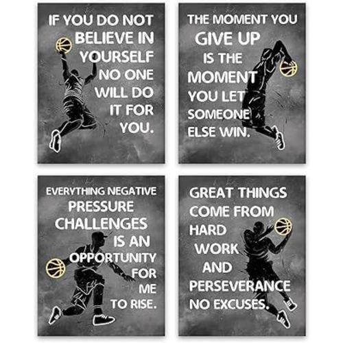 Inspirational Basketball Wall Art Prints, Abstract Basketball Wall Decoration Painting,Sports Canvas Wall Art Gift for Basketball Fans, Men, Boys, for Boy's Room Decor Set of 4 - (8"x10"Unframed)