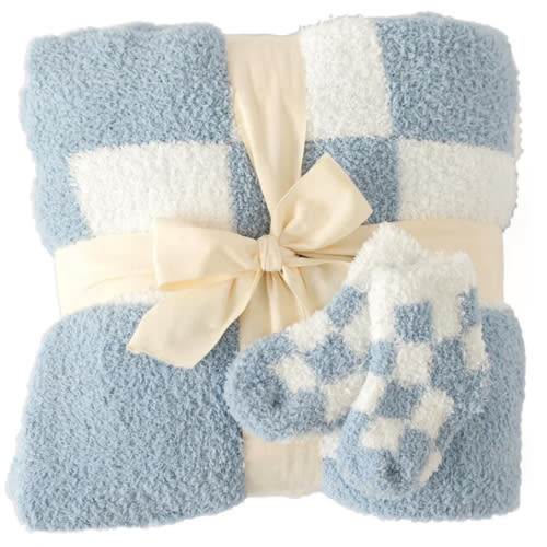 Orelle Checkered Baby Blanket & Matching Socks Set | Plush Baby Blanket | Luxury Ultra-Soft & Cozy Receiving Blanket | Newborn Gift & Registry Must-Have | 30x40” | Blue