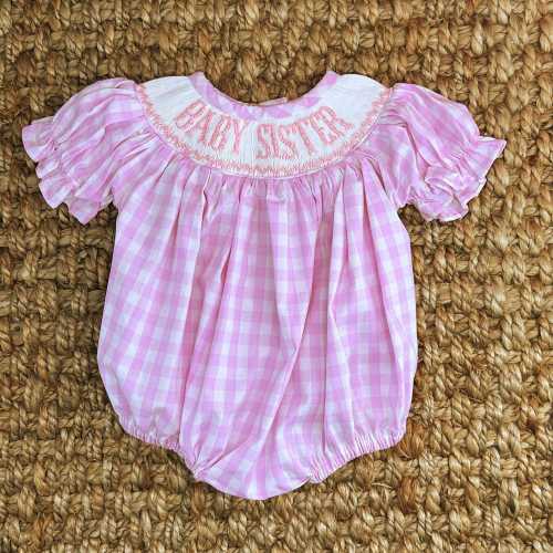 Baby Sister Smocked Pink Gingham Bubble Romper, Baby Girl, Sibling Options, Heirloom 652 *F