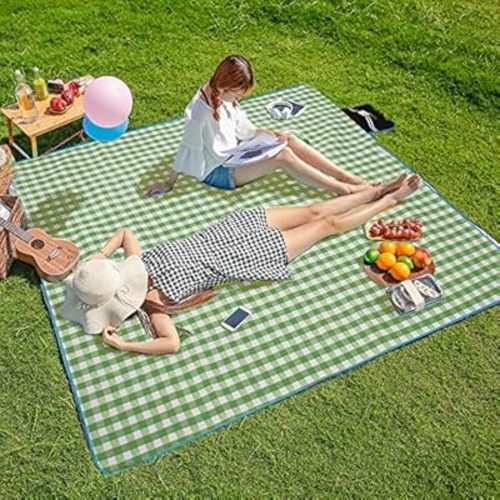Three Donkeys Machine Washable Extra Large Picnic & Beach Blanket Handy Mat Plus Thick Dual Layers Sandproof Waterproof Padding Portable for the Family, Friends, Kids, 79"x79" (Green and white)