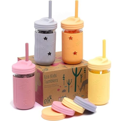 Elk and Friends Kids & Toddler Drinking Cups | Original Glass Mason Jar 12 oz with Silicone Sleeves + Straws | Smoothie Drinks | Spill Proof