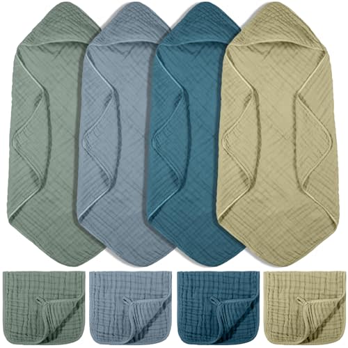 VitalCozy 8 Pcs Baby Muslin Hooded Bath Towels and Washcloths, 32 x 32 Inch Muslin Cotton Hooded Baby Towels Absorbent Hooded Blankets for Gift Newborn Infant Shower (Dark Green,Dark Blue)