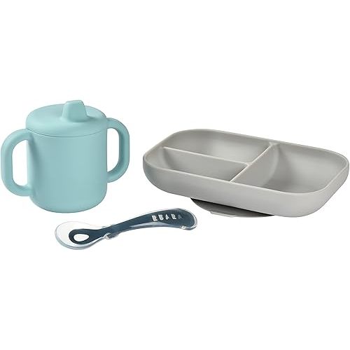 BEABA Sips and Bites 3 pc Silicone Suction Feeding Plate Set, Toddler Plates, Baby Plates, Baby Feeding Set, Incl. Plate Silicone Spoon Silicone Sippy Cup (Rain)