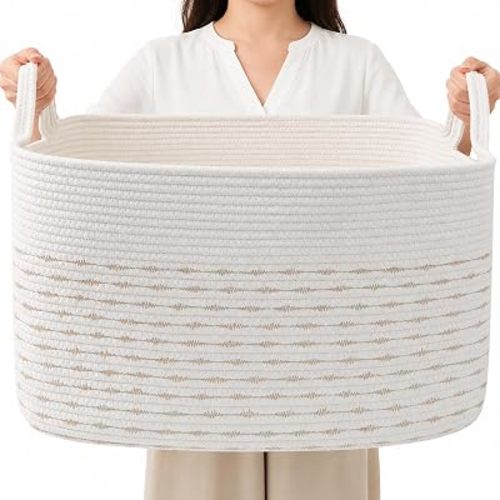 65L Large Cotton Rope Laundry Basket with Handles - White/Yellow