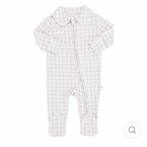 Peter Pan Collar Zipper Footie in Taupe Gingham | Caden Lane