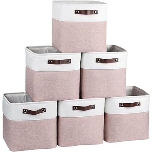Cube Storage Baskets 6 Pack, 11x11 inch Foldable Cube Storage Bins with Leather Handles for Shelf Closet Nursery Toys (White/ Pink)