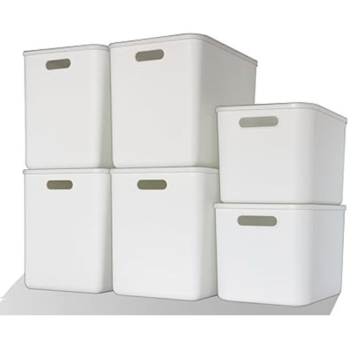 6 Pcs Storage Bins with Lids, Stackable Plastic Storage Containers for Organizing, Organizer Bins Shelf Baskets for Pantry Cabinet Shelves Desktop (White, 4XL+2L)