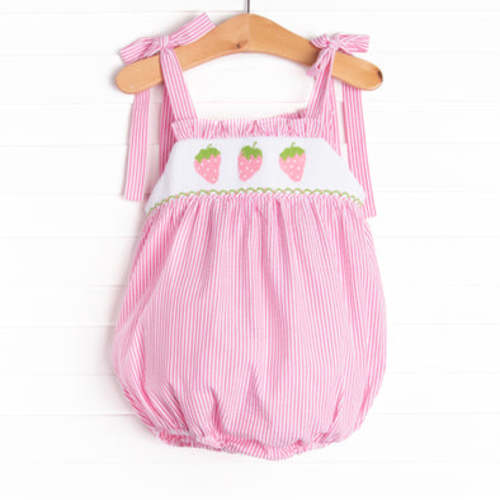 Strawberry Seersucker Smocked Bubble, Pink – Stitchy Fish