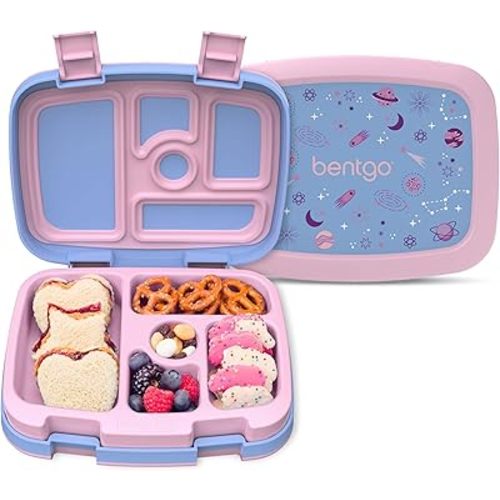 Bentgo Kids Prints Leak-Proof, 5-Compartment Bento-Style Kids Lunch Box - Ideal Portion Sizes for Ages 3-7, Durable, Drop-Proof, Dishwasher Safe, & Made with BPA-Free Materials (Lavender Galaxy)
