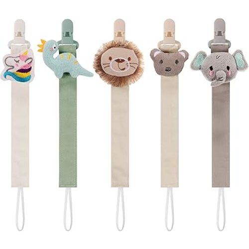 5 Pack Pacifier Clips for Baby Boys and Girls, Multicolor Fabric Straps,5pcs Straps, Approx. 11 in / 29 cm, Resin Clips with Inner Grip Design, Fits Most Pacifiers with Handles
