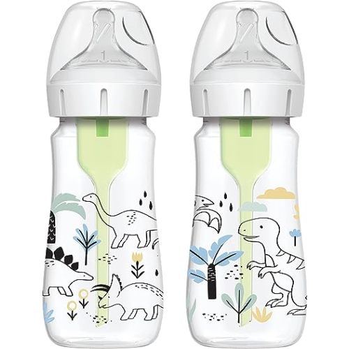 Dr. Brown's Natural Flow® Anti-Colic Options+™ Wide-Neck Baby Bottle Designer Edition Bottles, Dino Decos, 9oz/270mL, Level 1 Nipple, 2-Pack, 0m+
