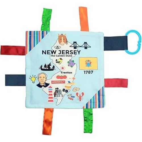 Baby Jack & Co 8x8” Learning Lovey Tag Toys for Babies - Baby Crinkle Toys - Crinkle Toys for Baby - Soft & Safe - Learn USA State Facts - Ideal Baby Toy BPA Free w/Stroller Clip (New Jersey)
