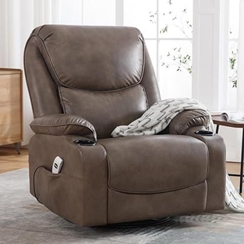 Power Swivel Rocker Recliner, Breathable Leather Recliner Chairs for Adults with Cup Holders and USB Port, Oversized Reclining Chair Rocking Recliner for Living Room, Gray