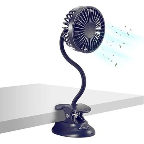 Clip on Fan Usb Battery Operated Desk Clip Fan with Emergency Power Bank, Baby Stroller Fan Rechargeable Personal Fan Flexible Neck 3 Speeds Great for Beach Car Camping Dorm Bed Office-Navy Blue