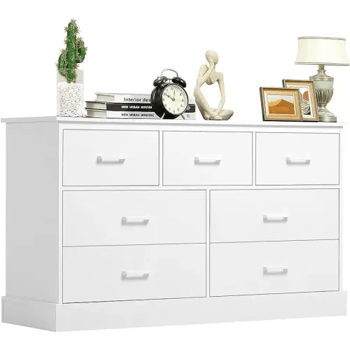 Hasuit White Dresser for Bedroom, Wide 7 Drawer Dresser with Sturdy Base, Wood Chest of Drawers Storage Tower, Large Capacity Cabinet for Closet, Living Room, Hallway