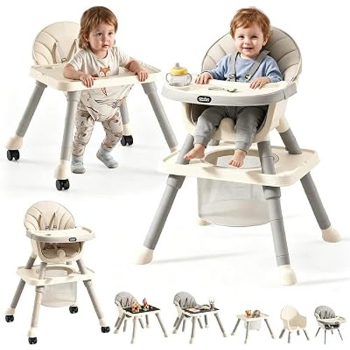 9-in-1 Convertible High Chair for Babies and Toddlers, Grow with Me Baby High Chair with 5-Point Safety Harness, Lockable Wheels & Non-Slip Feet, Adjustable Detachable Tray, BPA-Free Grayish-White