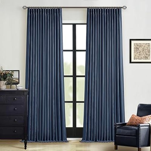 Indigo Navy Pleated Linen Blackout Curtains 90 Inches Long for Bedroom Living Room Pinch Pleat Black Out Thermal Insulated Ring Hooks Back Tab Room Darkening Drapes Dark Blue Curtains with Liner