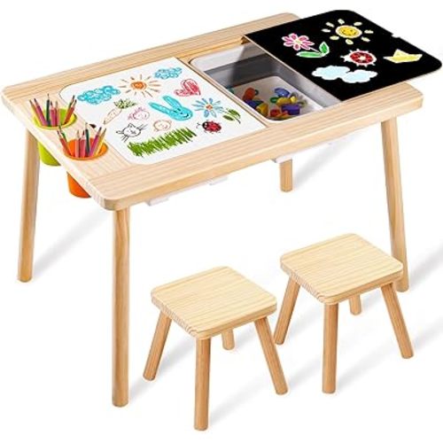Children's Sensory Table with 2 Stool, Multifunction Toddler Play Sand Table Indoor Art Table Drawing Table for Kids, Toddler Sensory Table with 2 Storage Bin, 2 Stool, 2 Pen Holder