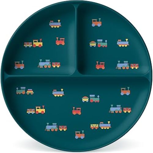 Simple Modern Silicone Plate for Baby and Toddler | Divided and Microwave Safe Plates for Kids | Parker Collection | Trains