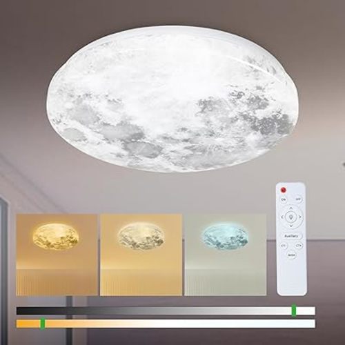 14.9in Dimmable Moon Ceiling Light Fixture 36W with Remote, 3000K/4000K/6500K Dimmable Flush Mount Kids Ceiling Lighting, Wall Mount Moon Lamp for Kids Room, Bedroom, Study Room, Aisle