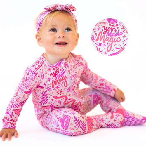 Bamboo Footie Zipper Baby Pajama - Mystic Mama Pink Bamboo Onesie Sleeper - You Made Magic Affirmation – Raising Mama