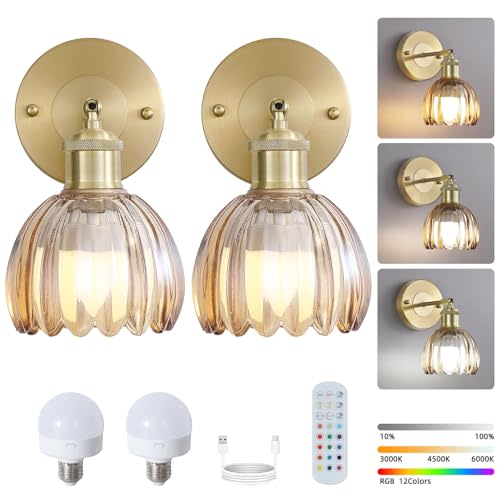 Vintage Battery Operated Wireless Wall Sconces, Rechargeable Gold Wall Lights,Amber Tulip Glass Lampshade With Remote Dimmable Wall Lighting Indoor, Led Wall Lamp Fixtures For Bedroom, Living Room