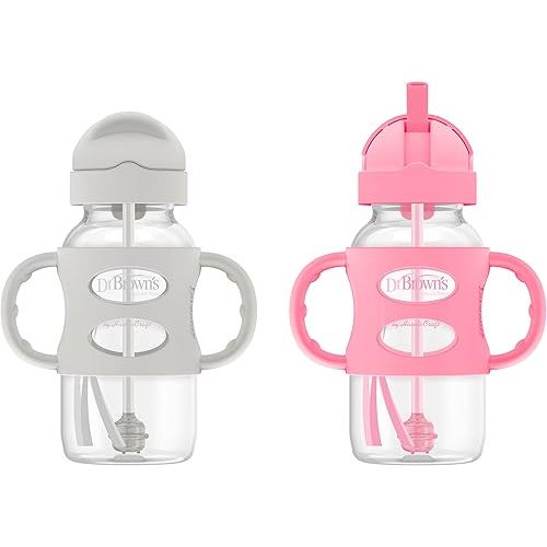 Dr. Brown's Milestones Wide-Neck Sippy Straw Bottle with 100% Silicone Handles and Weighted Straw, 9 oz/270 mL, Gray & Pink, 6m+, 2 Count (Pack of 1)