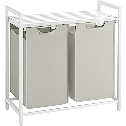 VASAGLE Laundry Hamper, Laundry Basket, Laundry Sorter with 2 Pull-Out and Removable Bags, Shelf, Metal Frame, 2 x 12.1 Gallons (46L), 28.8 x 13 x 28.4 Inches, White UBLH201W01