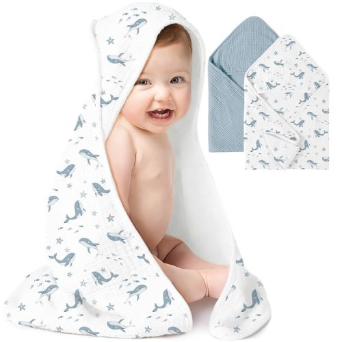 Konssy 2-Pack Muslin Hooded Baby Towels, 100% Cotton, Ultra-Soft & Absorbent Baby Bath Towels with Hood for Newborn & Infant (Blue, Blue Whale, 30'' x 30'')