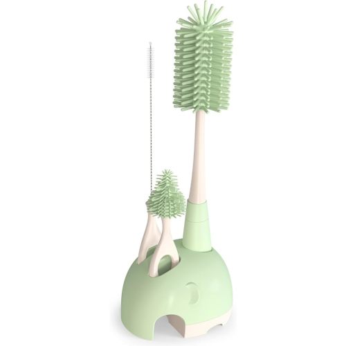Baby Bottle Brush Set with Stand, 4 in 1 Soft Silicone Bottle Brush Cleaner, Nipple Straw Cleaner Brush, Detachable Boilable Sterilizable Bristles Long Handle, Cleaning Brush Baby Essentials (Green)