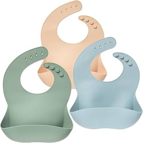 Moonkie Silicone Bibs Set Of 3, BPA Free Soft Adjustable Fit Waterproof Feeding Bibs for Babies and Toddlers(Ether/Sage/Cream)