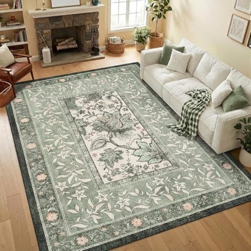 GarveeHome Provence 5x7 Area Rugs, Botanical Grove Sage Green Vintage Cottagecore Non-Slip Washable Rug for Living Room Bedroom Nursery Kitchen Low-Pile Retro Carpet