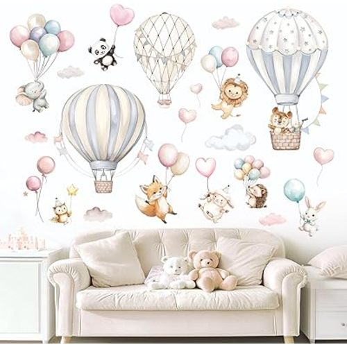 Fufuquare Cartoon Hot Air Balloons Wall Stickers Animals Self Adhesive Non-Toxic Wall Decals for Kids' Bedroom Living Room