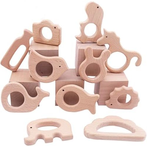 Promise Babe Wooden Baby Toys 11pc Bird Elephant Wood Montessori Toys Organic Infant Handmade Pendant Rings Set Shower GIFT